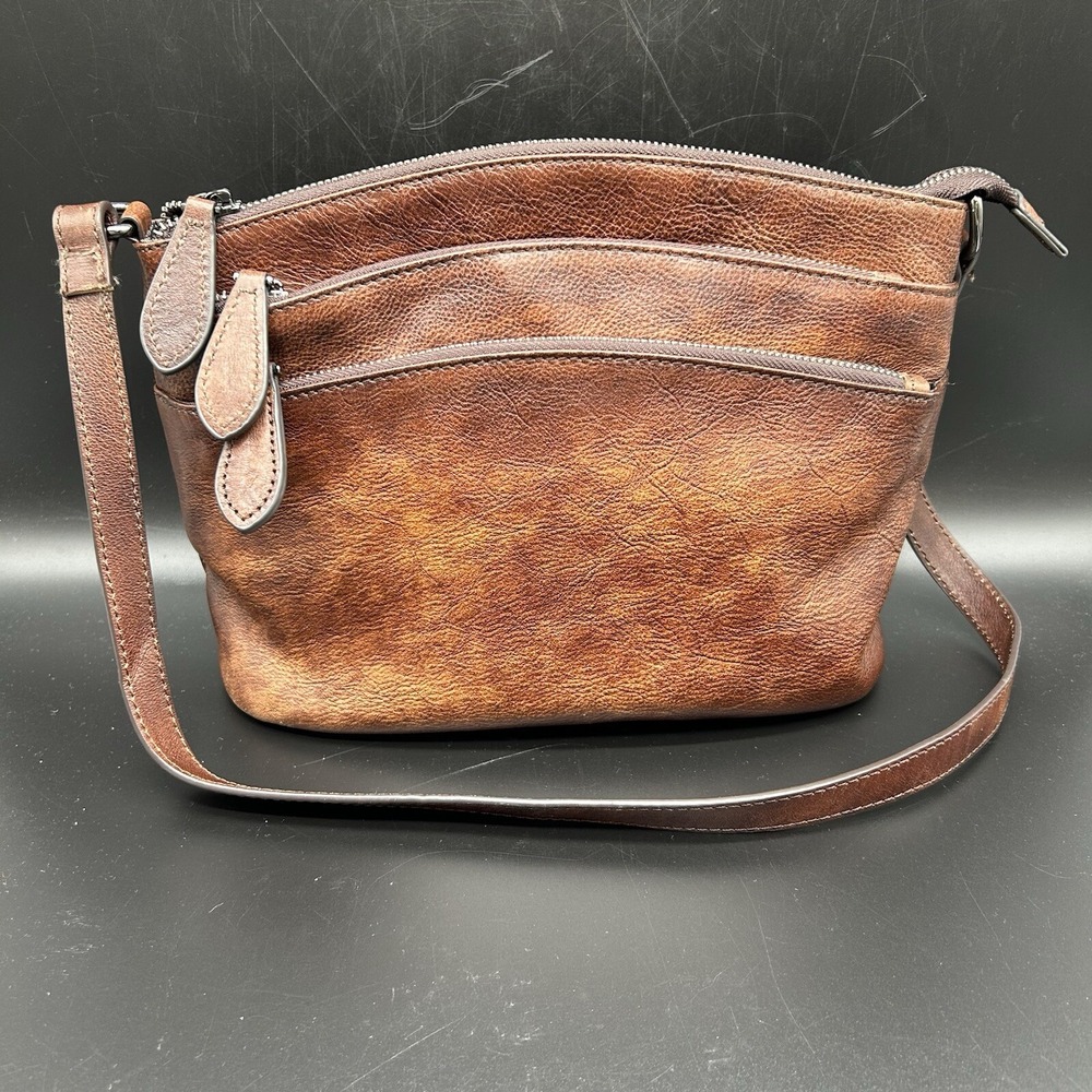 HESHE Brown Leather Shoulder Bag Multi-Pocket Handbag